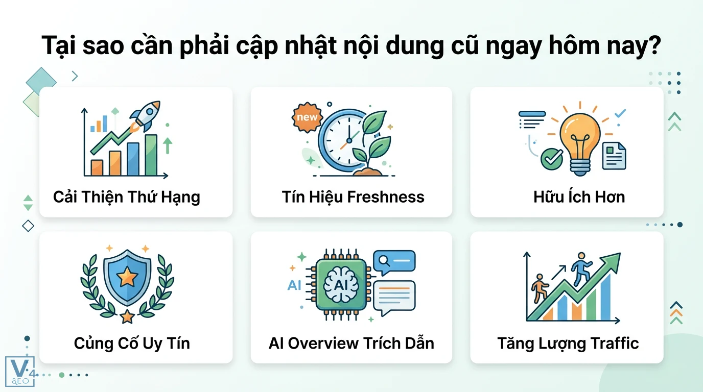 Tại sao cần phải cập nhật nội dung cũ? Hướng dẫn tối ưu lại bài viết 1 Cập nhật nội dung cũ giúp cải thiện thứ hạng, tạo tín hiệu freshness, uy tín E-E-A-T và trích dẫn AI Overview để kéo traffic