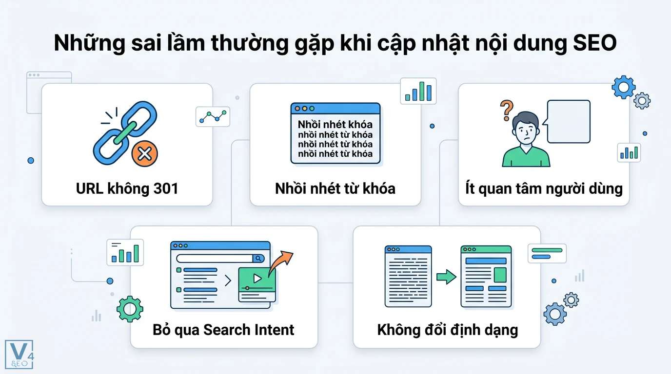 Tại sao cần phải cập nhật nội dung cũ? Hướng dẫn tối ưu lại bài viết 3 Những sai lầm khi cập nhật nội dung SEO gồm lỗi URL không 301, nhồi nhét từ khóa, bỏ qua Search Intent và không đổi định dạng bài viết