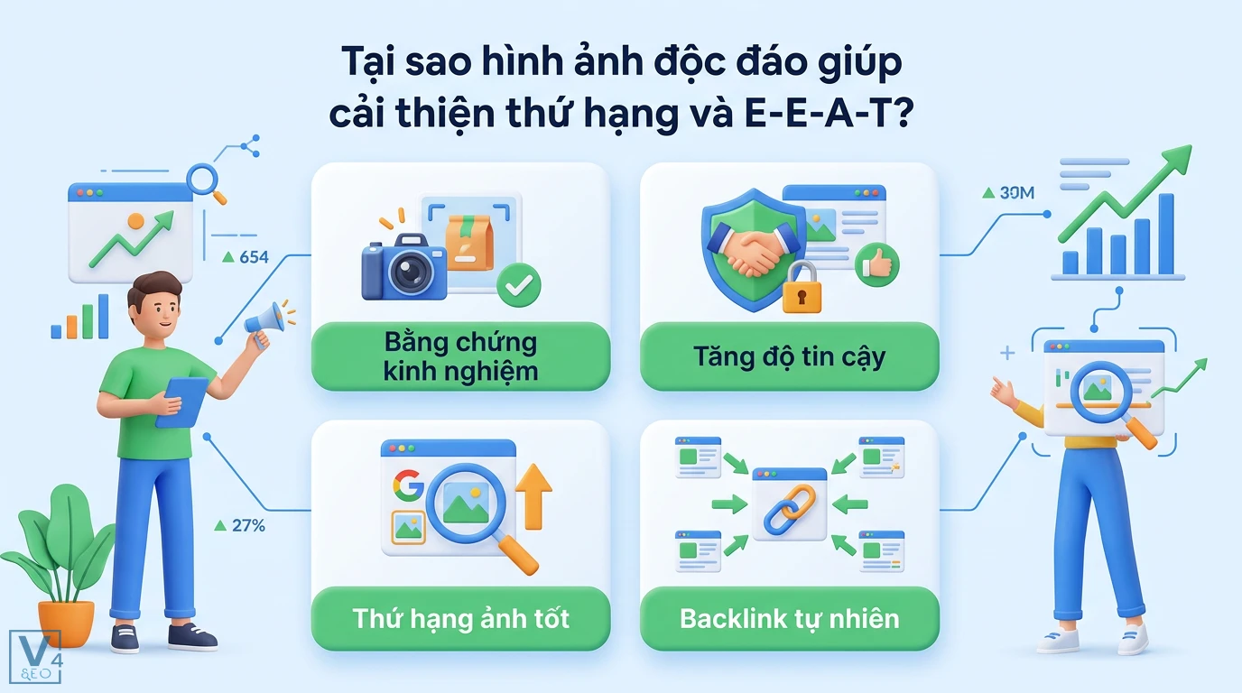 Tại sao hình ảnh độc đáo giúp tăng E-E-A-T và cải thiện UX? 1 Tối ưu E-E-A-T và thứ hạng nhờ bằng chứng kinh nghiệm, tăng độ tin cậy, thứ hạng tìm kiếm và backlink tự nhiên từ nội dung độc đáo