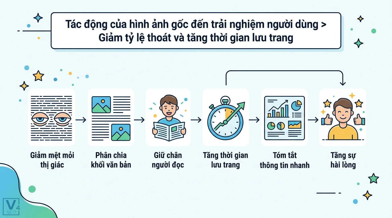 Tại sao hình ảnh độc đáo giúp tăng E-E-A-T và cải thiện UX? 2 Giảm tỷ lệ thoát và tăng thời gian lưu trang nhờ giảm mệt mỏi thị giác, phân chia văn bản, tóm tắt thông tin giúp người đọc hài lòng