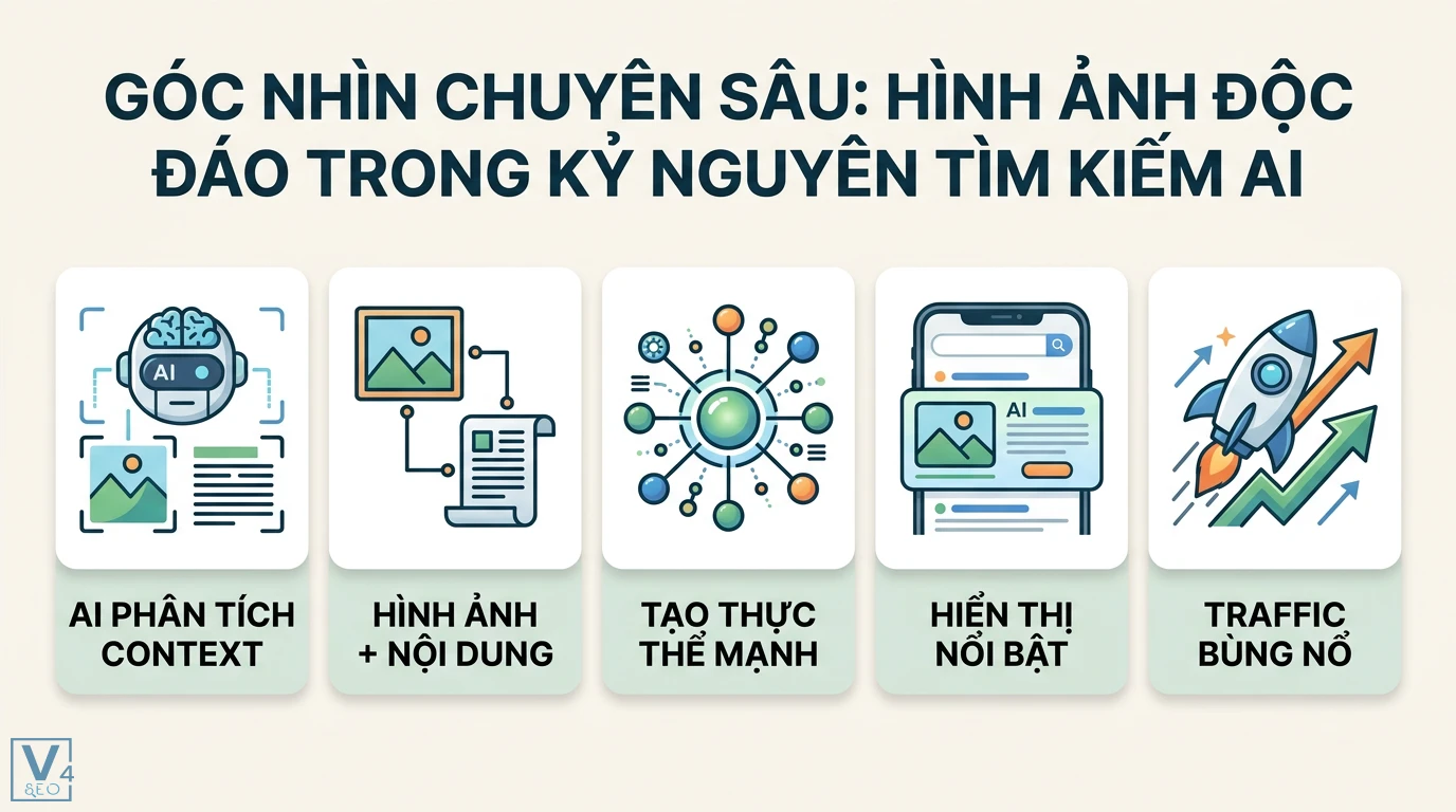 Tại sao hình ảnh độc đáo giúp tăng E-E-A-T và cải thiện UX? 3 AI phân tích ngữ cảnh và nội dung chuyên sâu tạo thực thể mạnh giúp tối ưu hiển thị nổi bật cùng traffic bùng nổ trong kỷ nguyên tìm kiếm AI