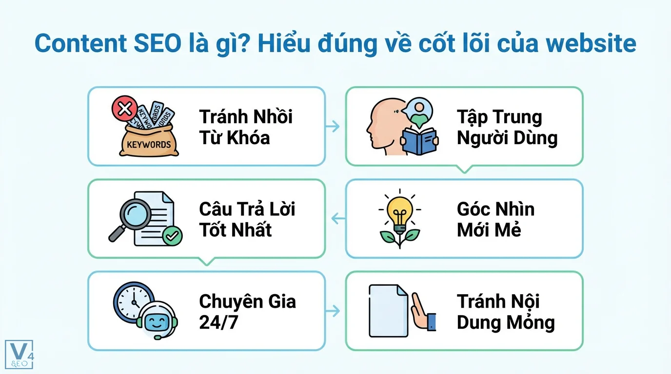 Tầm quan trọng của Content SEO: Tạo giá trị vượt trội AI 1 Content SEO cốt lõi: tập trung người dùng, tránh nhồi từ khóa, câu trả lời tốt nhất, góc nhìn mới mẻ, chuyên gia 24/7, tránh nội dung mỏng