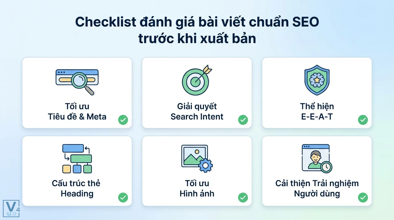 Tầm quan trọng của Content SEO: Tạo giá trị vượt trội AI 3 Checklist đánh giá bài viết chuẩn SEO trước xuất bản: tiêu đề/meta, search intent, E-E-A-T, cấu trúc heading, hình ảnh, trải nghiệm người dùng