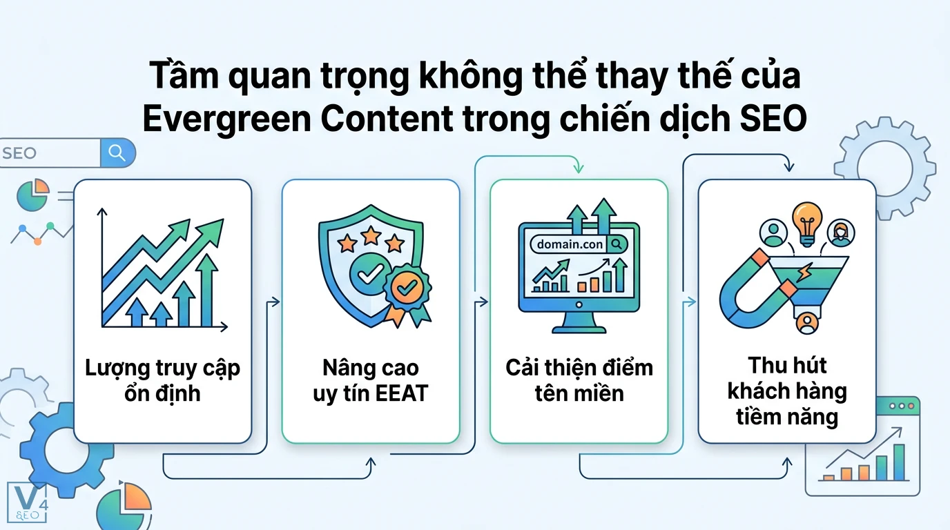 Cẩm nang Evergreen Content: Xây dựng, Tối ưu bằng AI & Case Study VN 1 Evergreen Content tạo lượng truy cập ổn định, nâng cao uy tín EEAT, cải thiện điểm tên miền và thu hút khách hàng tiềm năng trong SEO