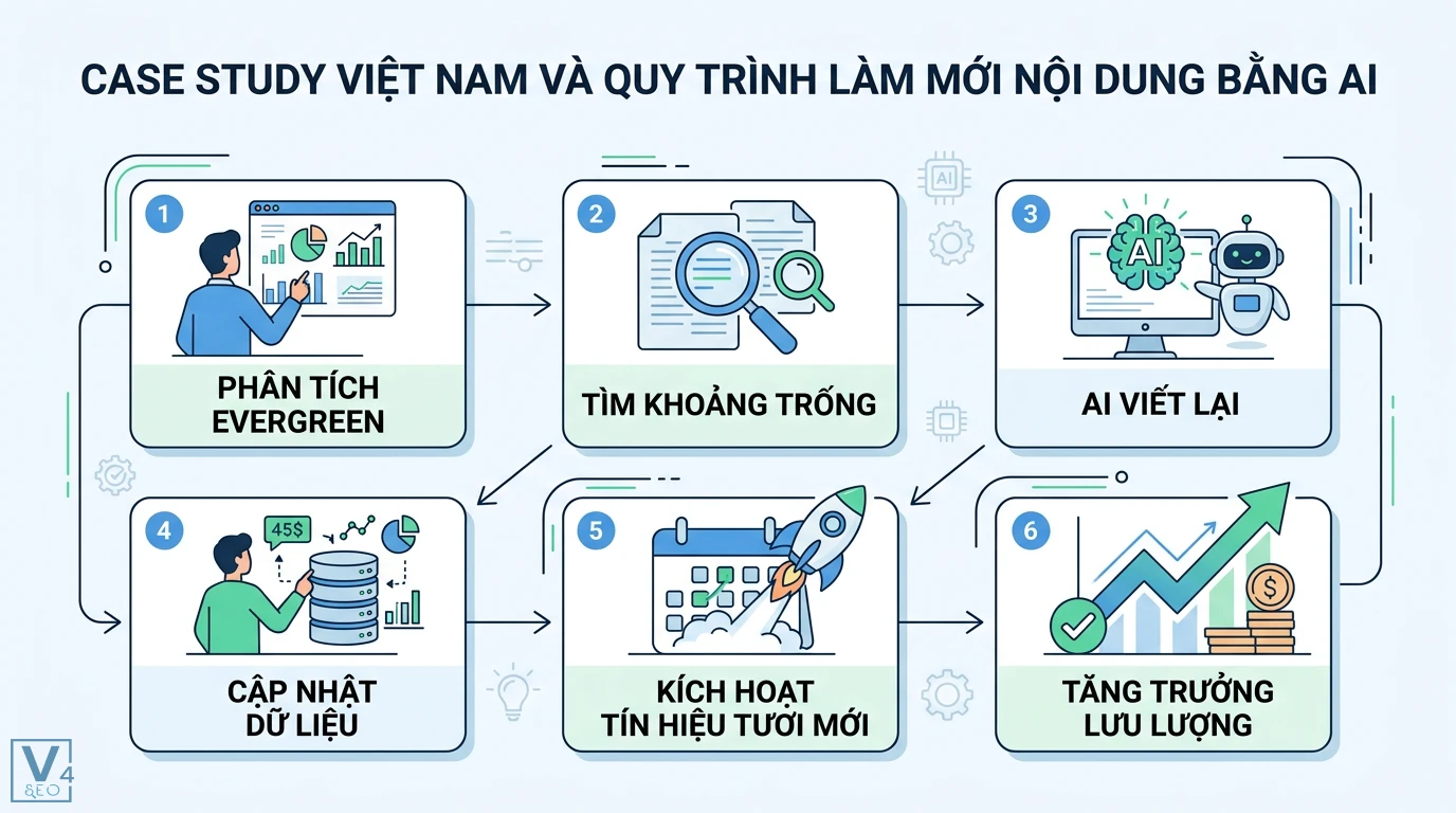 Cẩm nang Evergreen Content: Xây dựng, Tối ưu bằng AI & Case Study VN 2 Làm mới nội dung bằng AI qua phân tích Evergreen, tìm khoảng trống, AI viết lại và kích hoạt tín hiệu tươi mới để tăng trưởng lưu lượng