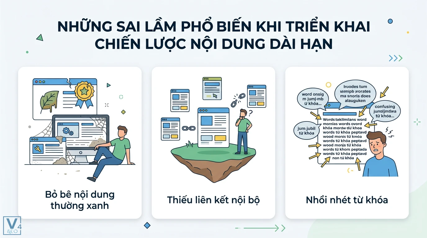 Cẩm nang Evergreen Content: Xây dựng, Tối ưu bằng AI & Case Study VN 3 Sai lầm khi triển khai nội dung dài hạn như bỏ bê bài viết thường xanh, thiếu liên kết nội bộ và nhồi nhét từ khóa làm giảm hiệu quả SEO