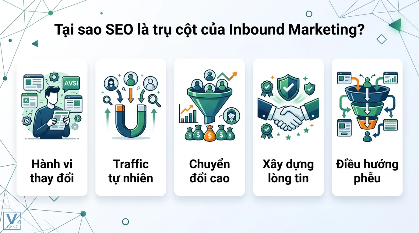 Tầm quan trọng của SEO trong Inbound Marketing: Tối ưu chuyển đổi 1 SEO là trụ cột Inbound Marketing qua thay đổi hành vi, thu hút traffic tự nhiên, tăng chuyển đổi cao, xây dựng lòng tin và điều hướng phễu
