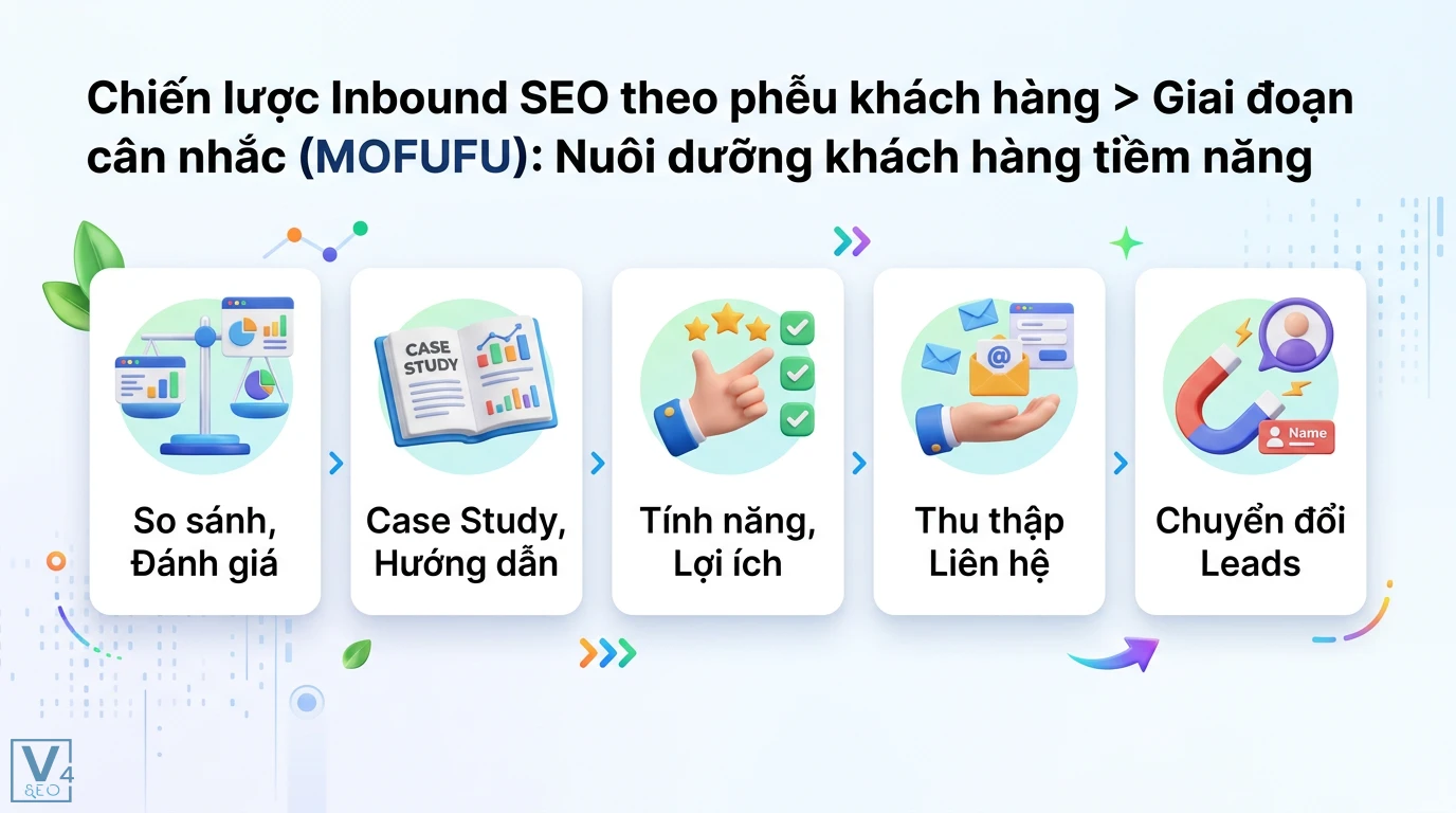 Tầm quan trọng của SEO trong Inbound Marketing: Tối ưu chuyển đổi 2 Chiến lược Inbound SEO MOFU gồm so sánh đánh giá, case study, hướng dẫn tính năng lợi ích để thu thập thông tin liên hệ và chuyển đổi leads