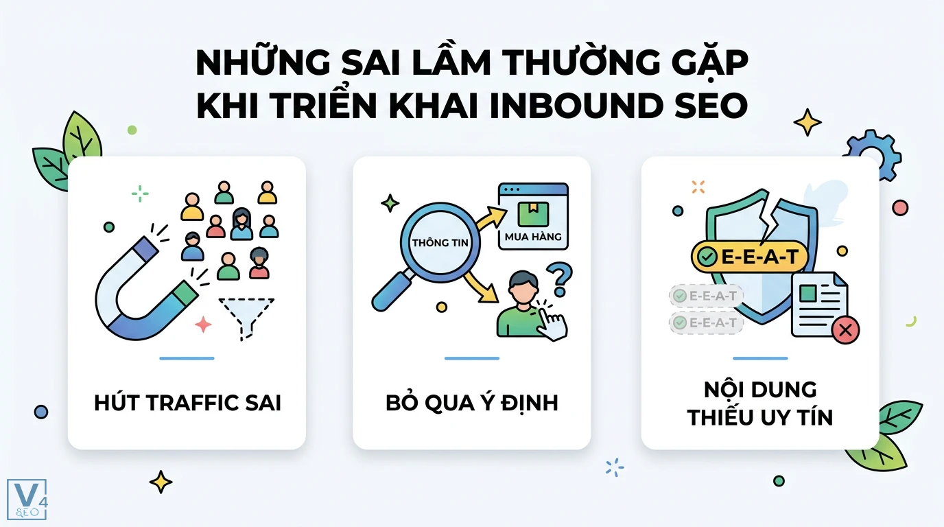 Tầm quan trọng của SEO trong Inbound Marketing: Tối ưu chuyển đổi 3 Sai lầm Inbound SEO thường gặp gồm thu hút traffic sai đối tượng, bỏ qua ý định tìm kiếm và nội dung thiếu uy tín theo tiêu chuẩn E-E-A-T