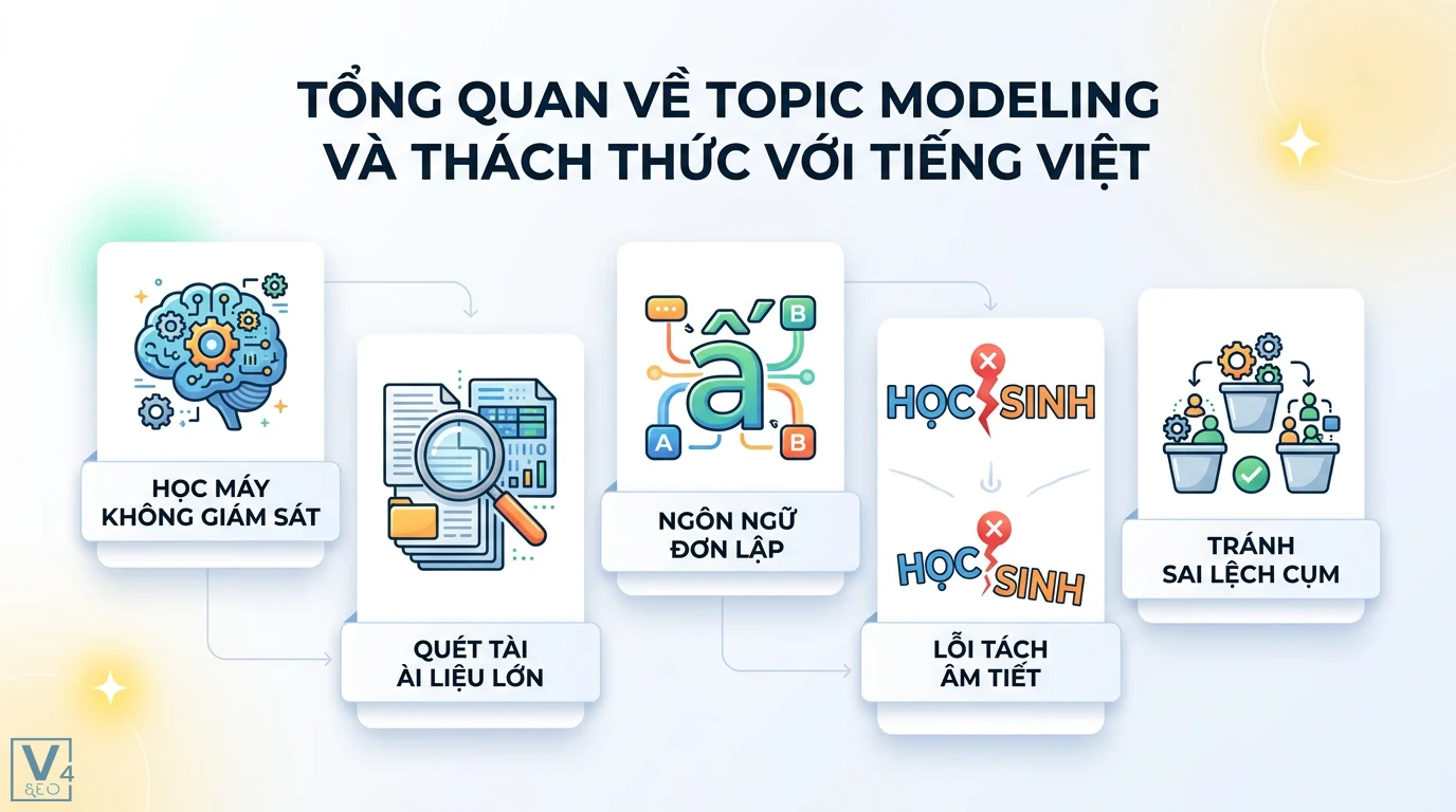 Phân cụm chủ đề bằng Topic Modeling (LDA/BERT) cho tiếng Việt 3 Triển khai LDA với Gensim trong Python từ khâu làm sạch dữ liệu, tạo từ điển, ma trận túi từ đến huấn luyện LdaModel và trích xuất chủ đề