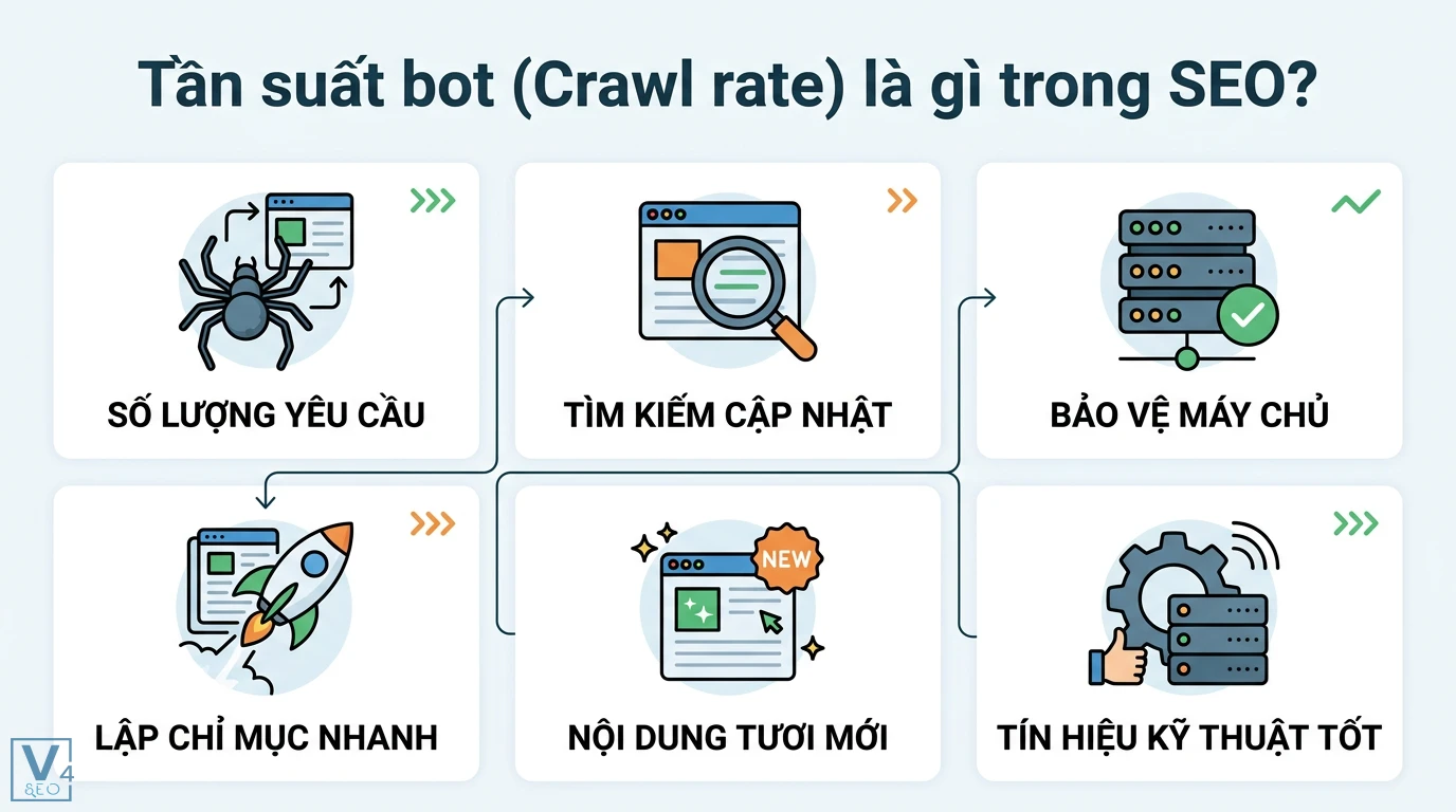 Tần suất bot là gì? Phân biệt BOT kinh tế và Crawl Rate Googlebot 2 Tần suất bot ảnh hưởng SEO giúp phản ánh nội dung tức thì, đánh giá kỹ thuật, tối ưu ngân sách cào và nâng cao xếp hạng cho các trang con