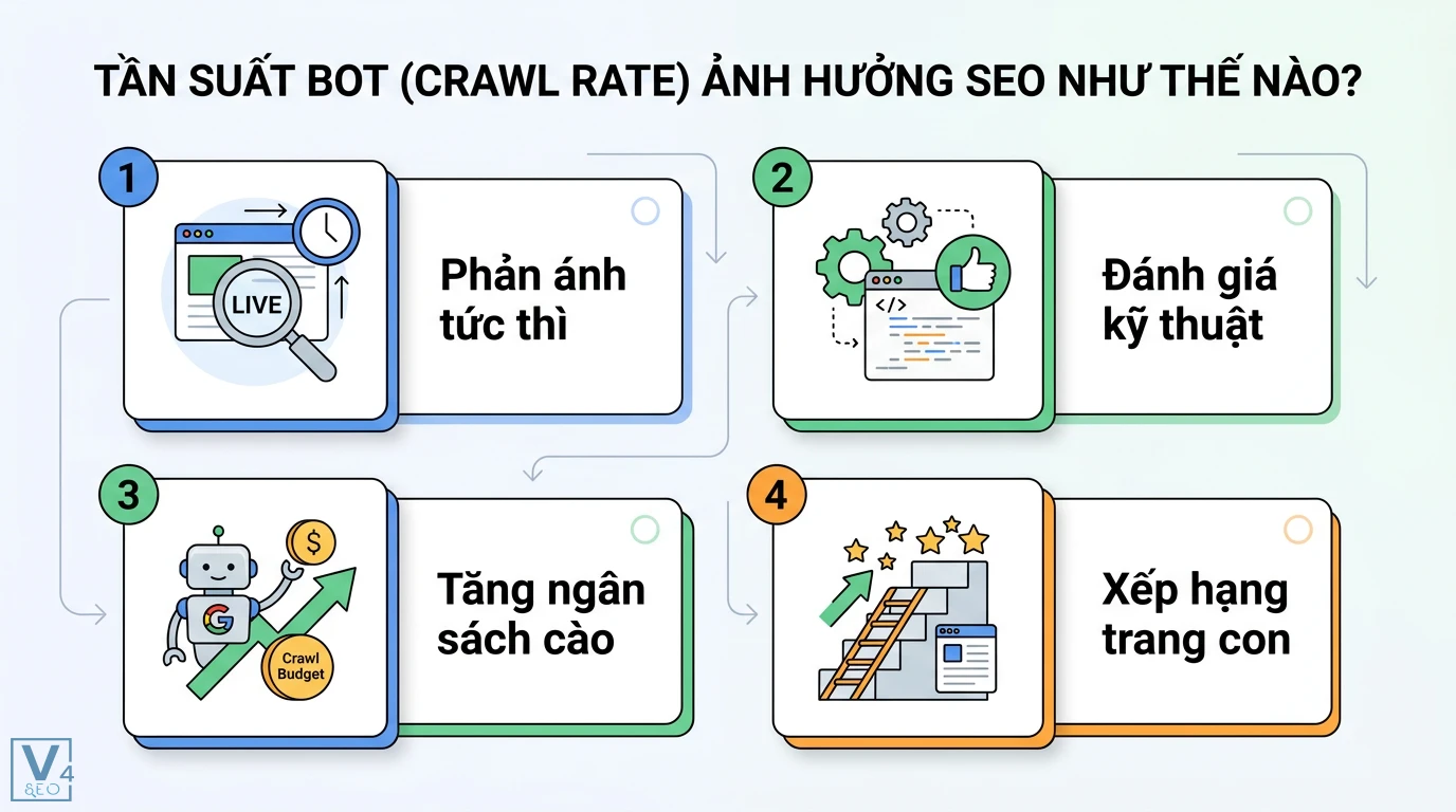Tần suất bot là gì? Phân biệt BOT kinh tế và Crawl Rate Googlebot 4 Checklist quản lý tần suất bot tối ưu với Crawl Stats, tốc độ dưới 200ms, robots.txt chuẩn, sitemap động và phân tích nhật ký máy chủ