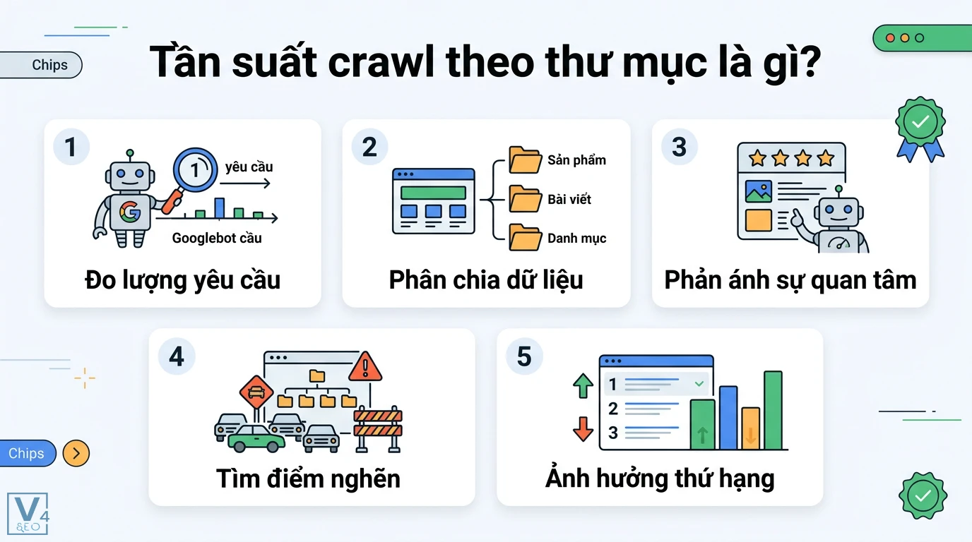 Tần suất crawl theo thư mục là gì? Hướng dẫn phân tích log file 1 Tần suất crawl theo thư mục phản ánh cách Googlebot đo lường yêu cầu, phân chia dữ liệu và tìm điểm nghẽn ảnh hưởng đến thứ hạng SEO
