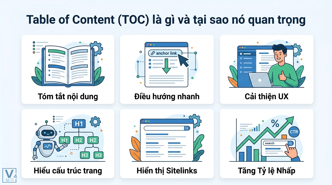 Xây mục lục điều hướng (Table-of-Content) tăng time-on-page 2026 1 Table of Content giúp tóm tắt nội dung, điều hướng nhanh, cải thiện UX, tối ưu cấu trúc trang, hiển thị sitelinks và tăng tỷ lệ nhấp CTR