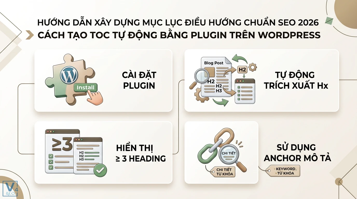 Xây mục lục điều hướng (Table-of-Content) tăng time-on-page 2026 2 Cách tạo TOC tự động trên WordPress bằng plugin giúp trích xuất thẻ Hx, hiển thị khi có từ 3 heading và sử dụng anchor text mô tả chuẩn SEO