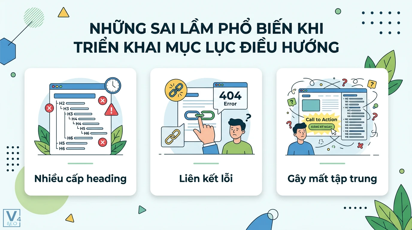 Xây mục lục điều hướng (Table-of-Content) tăng time-on-page 2026 3 Sai lầm khi triển khai mục lục điều hướng gồm quá nhiều cấp heading, lỗi liên kết 404 và làm mất tập trung vào nút kêu gọi hành động CTA