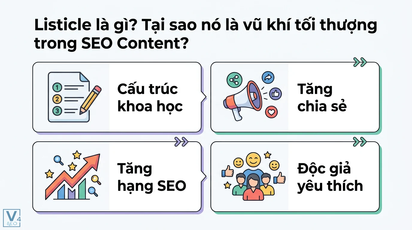 Tạo Bài Viết Listicle Chuẩn SEO: Công Thức 10x Tăng Tương Tác 1 Listicle là vũ khí SEO Content nhờ cấu trúc khoa học giúp tăng tương tác chia sẻ, nâng cao thứ hạng tìm kiếm và đáp ứng sở thích của độc giả