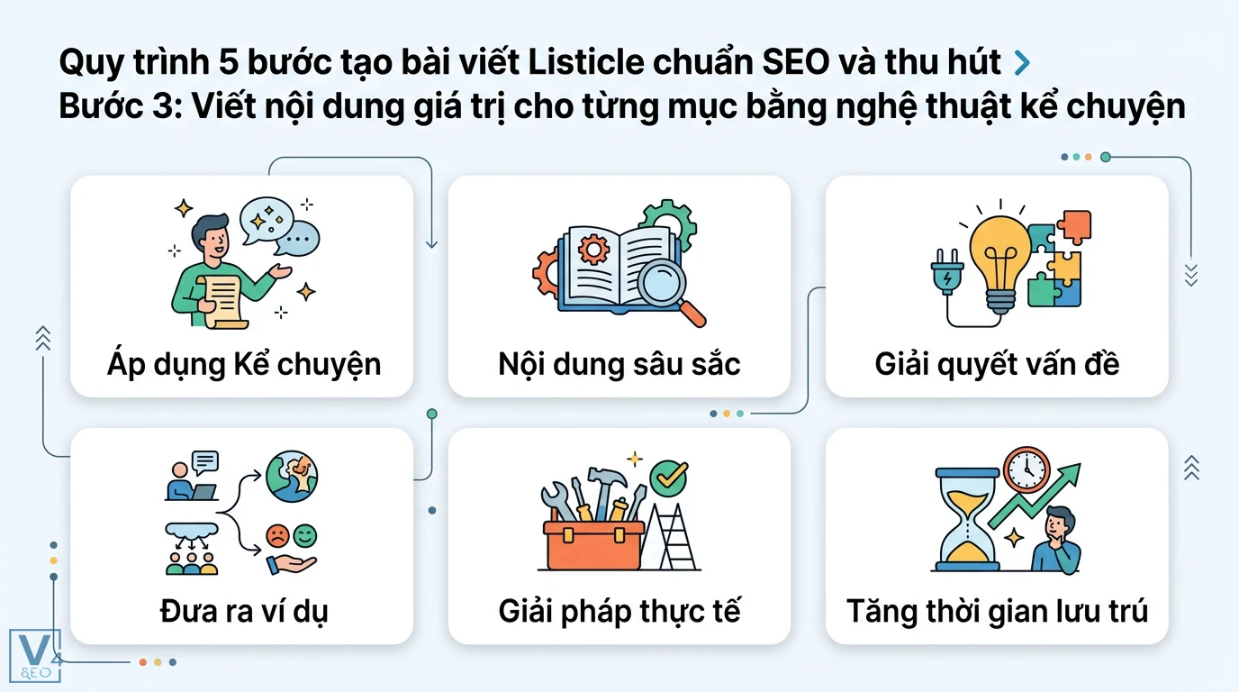 Tạo Bài Viết Listicle Chuẩn SEO: Công Thức 10x Tăng Tương Tác 2 Nghệ thuật kể chuyện trong bài viết Listicle giúp xây dựng nội dung sâu sắc, giải quyết vấn đề và đưa ra ví dụ thực tế giúp tăng thời gian lưu trú