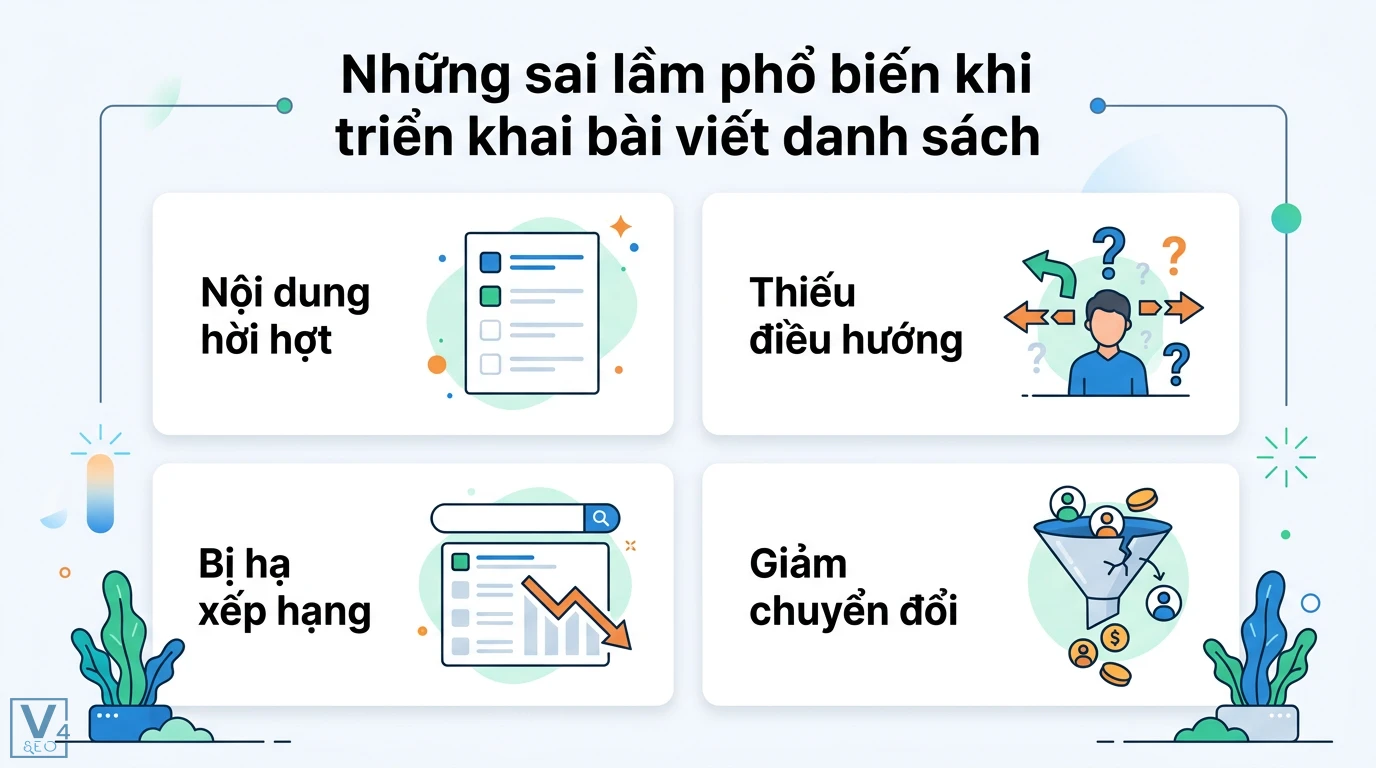 Tạo Bài Viết Listicle Chuẩn SEO: Công Thức 10x Tăng Tương Tác 3 Những sai lầm phổ biến khi triển khai bài viết danh sách gồm nội dung hời hợt, thiếu điều hướng, bị hạ xếp hạng và giảm tỷ lệ chuyển đổi