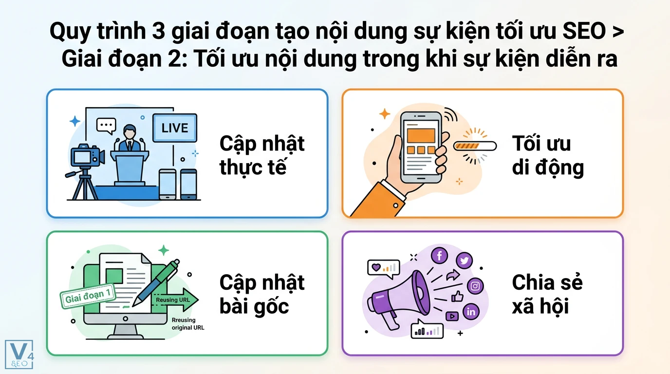 Tạo nội dung bài viết sự kiện (Event) và tối ưu SEO: Hướng dẫn toàn diện 2 Tối ưu nội dung trong khi sự kiện diễn ra gồm cập nhật thực tế, tối ưu di động, cập nhật bài viết gốc và chia sẻ thông tin lên mạng xã hội