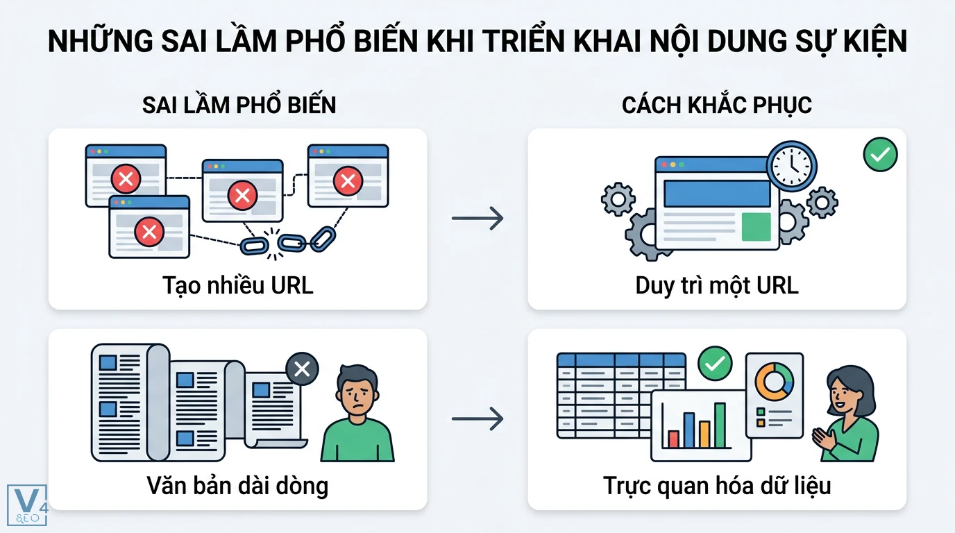 Tạo nội dung bài viết sự kiện (Event) và tối ưu SEO: Hướng dẫn toàn diện 3 Sai lầm triển khai nội dung sự kiện khi tạo nhiều URL, văn bản dài dòng và cách khắc phục bằng duy trì một URL, trực quan hóa dữ liệu
