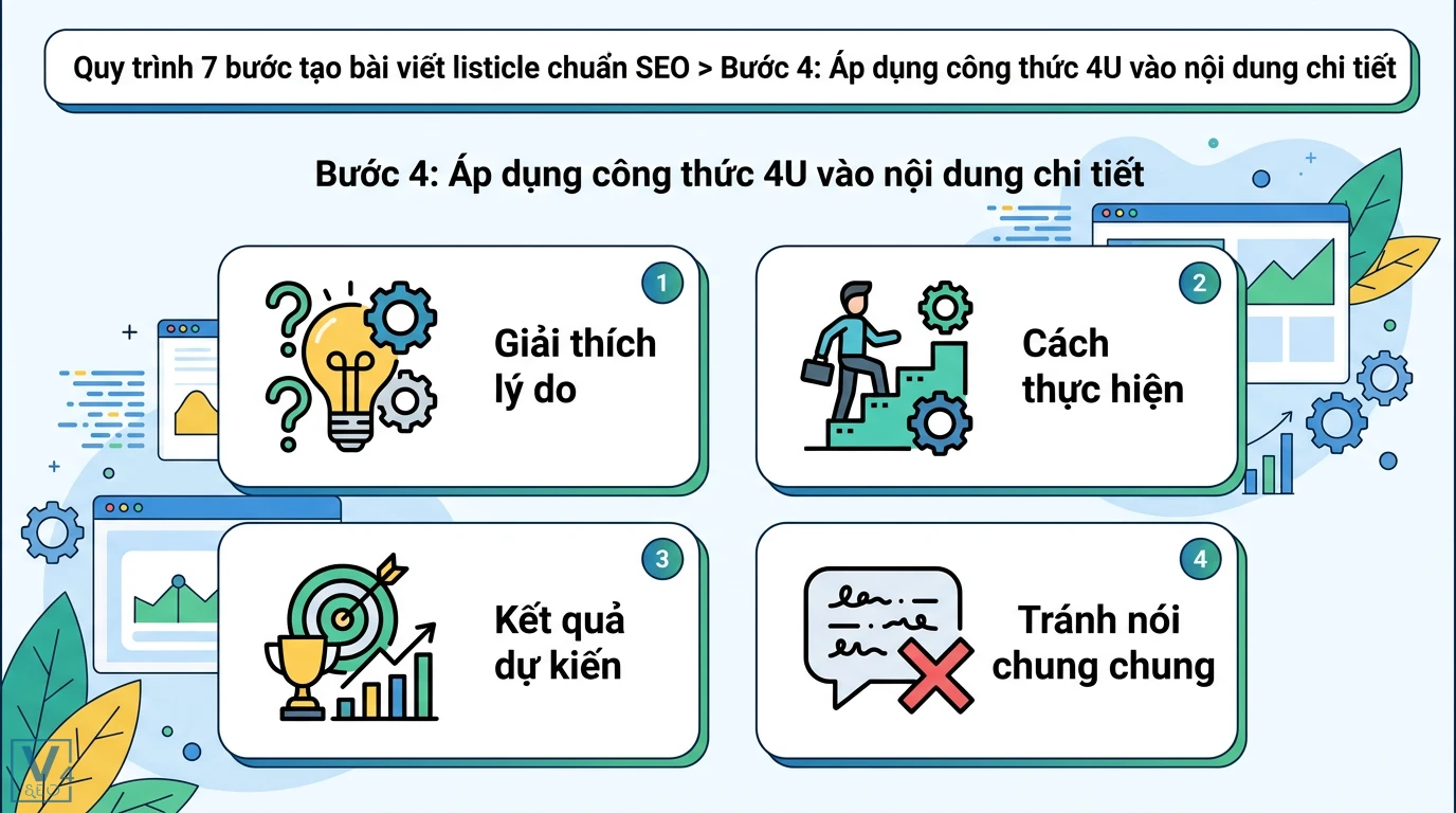 7 bước tạo nội dung danh sách (Listicle) để thu hút người đọc 2 Cách áp dụng công thức 4U vào bài viết listicle chuẩn SEO gồm giải thích lý do, cách thực hiện, kết quả dự kiến và tránh nói chung chung