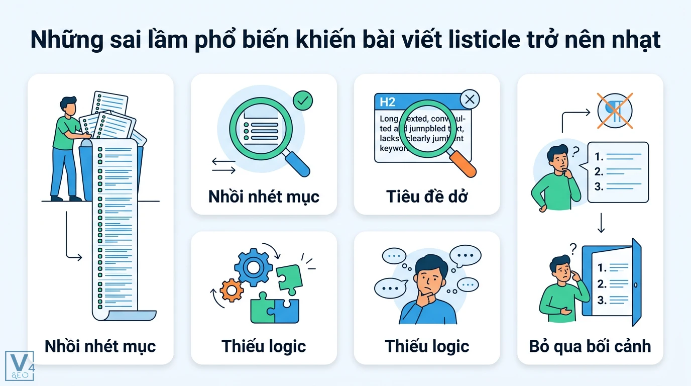 7 bước tạo nội dung danh sách (Listicle) để thu hút người đọc 3 Sai lầm khiến bài viết listicle trở nên nhạt gồm nhồi nhét mục, tiêu đề dở, thiếu logic và bỏ qua bối cảnh khi triển khai nội dung