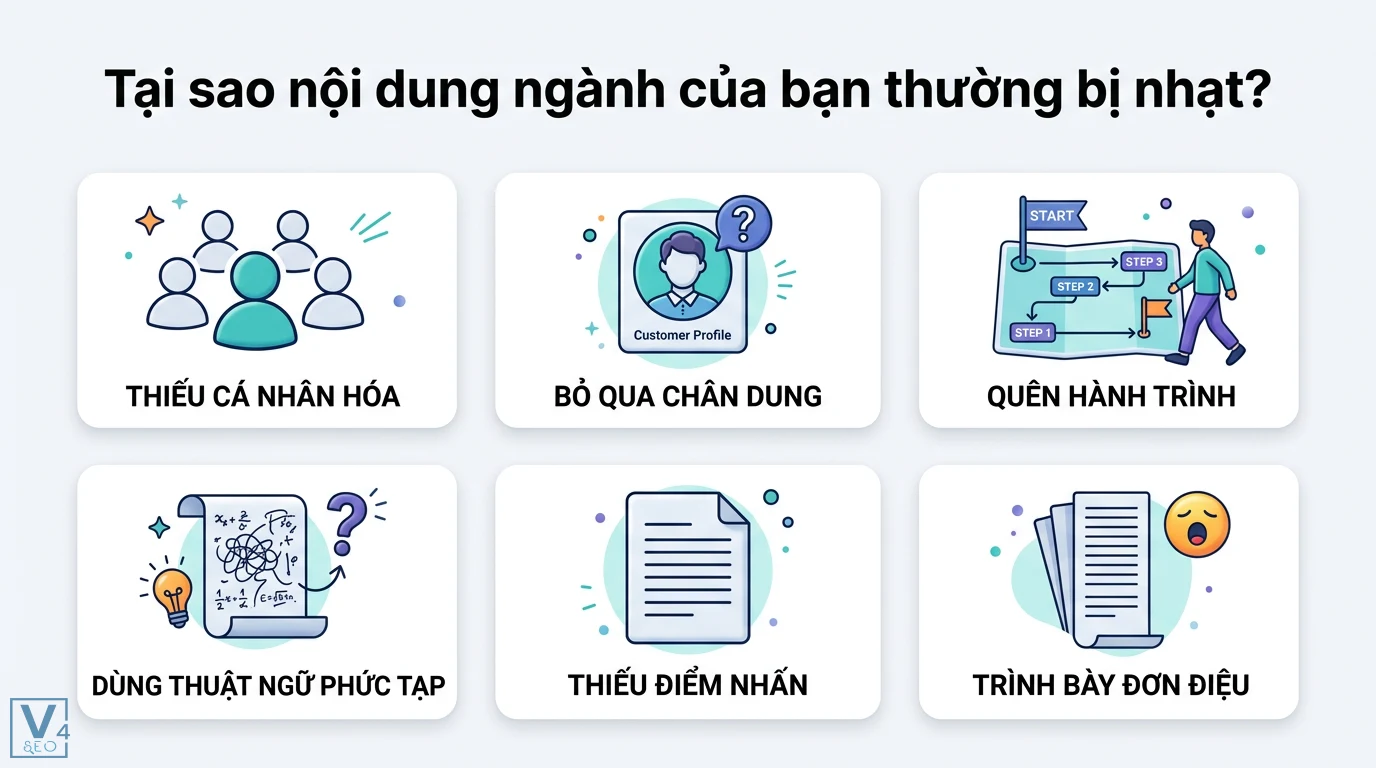 Bí kíp tạo nội dung liên quan đến ngành của bạn mà vẫn hấp dẫn 1 Lý do nội dung ngành bị nhạt do thiếu cá nhân hóa, bỏ qua chân dung, quên hành trình, dùng thuật ngữ phức tạp và trình bày đơn điệu