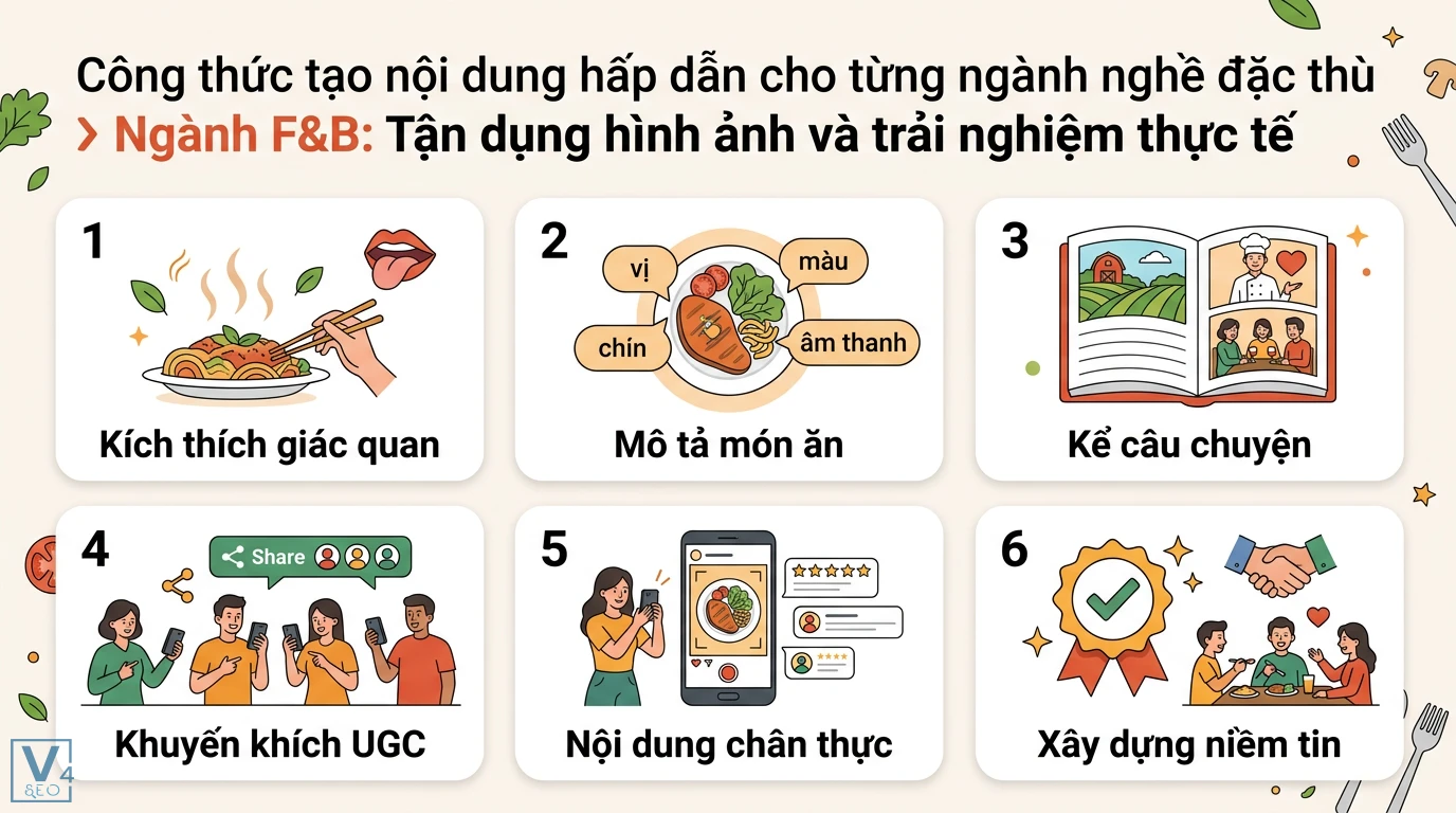 Bí kíp tạo nội dung liên quan đến ngành của bạn mà vẫn hấp dẫn 2 Chiến lược nội dung F&B hấp dẫn gồm kích thích giác quan, kể câu chuyện, khuyến khích UGC và trải nghiệm thực tế để xây dựng niềm tin khách hàng