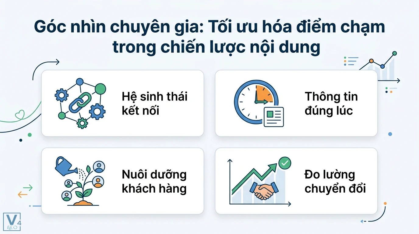 Bí kíp tạo nội dung liên quan đến ngành của bạn mà vẫn hấp dẫn 3 Tối ưu hóa điểm chạm trong chiến lược nội dung gồm hệ sinh thái kết nối, thông tin đúng lúc, nuôi dưỡng khách hàng và đo lường chuyển đổi