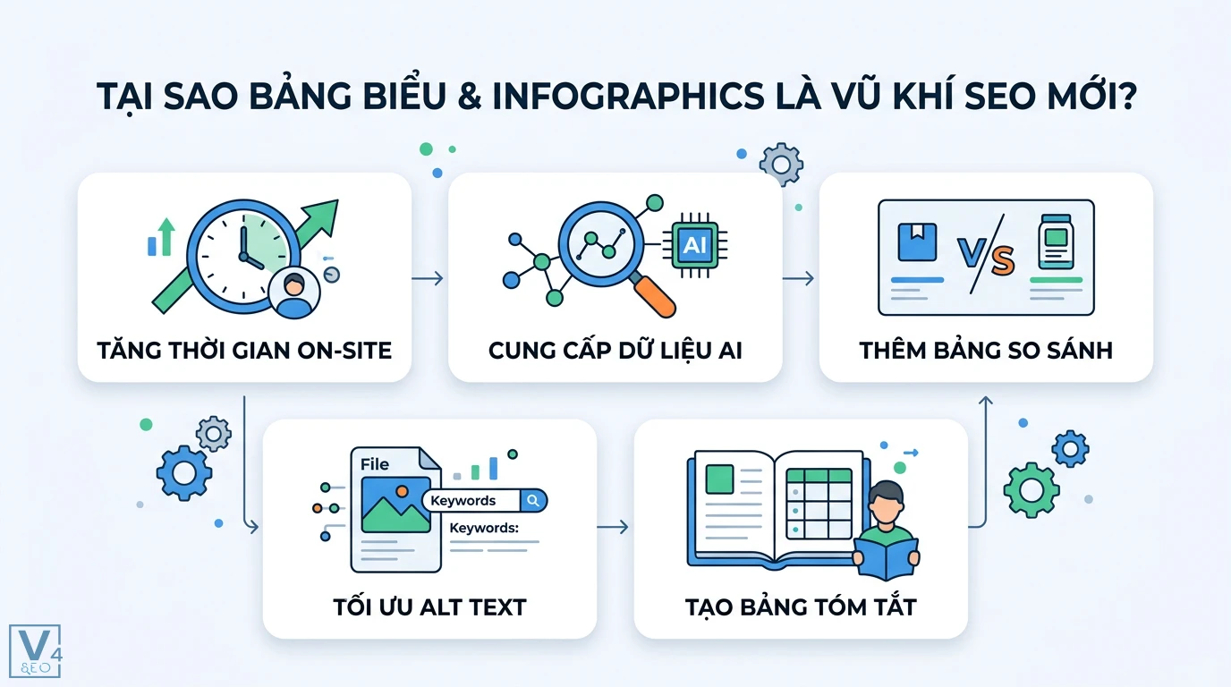 Cách tạo nội dung SEO theo dạng bảng biểu, infographics chuẩn GEO và UX 1 Tăng thời gian on-site, cung cấp dữ liệu AI, tối ưu alt text, thêm bảng so sánh và bảng tóm tắt giúp nâng cao hiệu suất SEO cho website