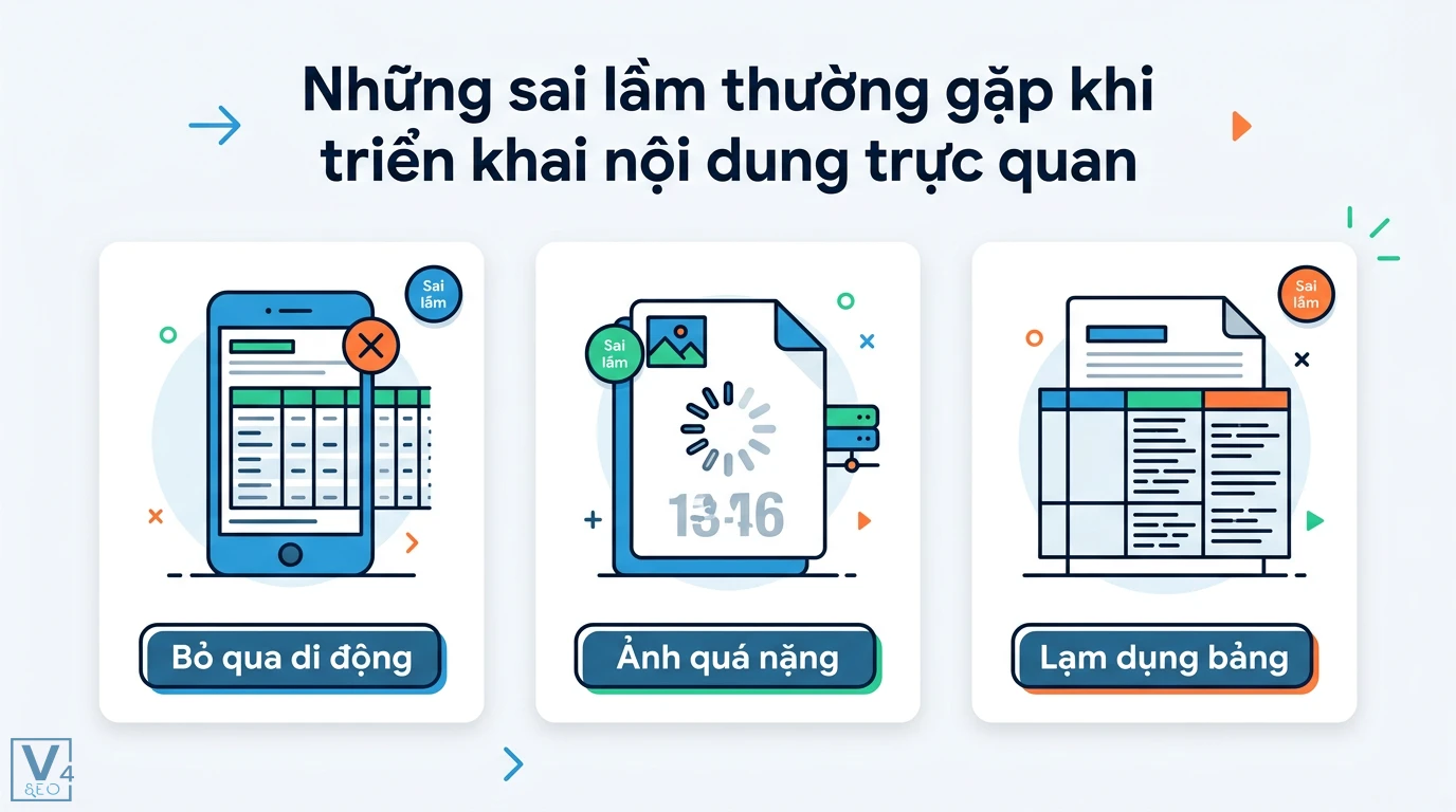 Cách tạo nội dung SEO theo dạng bảng biểu, infographics chuẩn GEO và UX 3 Sai lầm triển khai nội dung trực quan gồm bỏ qua di động, tệp dung lượng quá nặng và lạm dụng bảng biểu gây ảnh hưởng tiêu cực tới SEO trang web