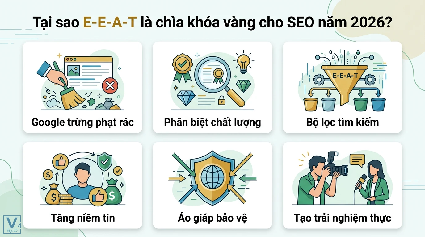 Tạo nội dung với yếu tố E-A-T chuẩn E-E-A-T 2026 từ trải nghiệm 1 E-E-A-T là bộ lọc giúp Google loại bỏ rác, xác định chất lượng, tăng niềm tin và bảo vệ website SEO 2026 nhờ trải nghiệm thực tế