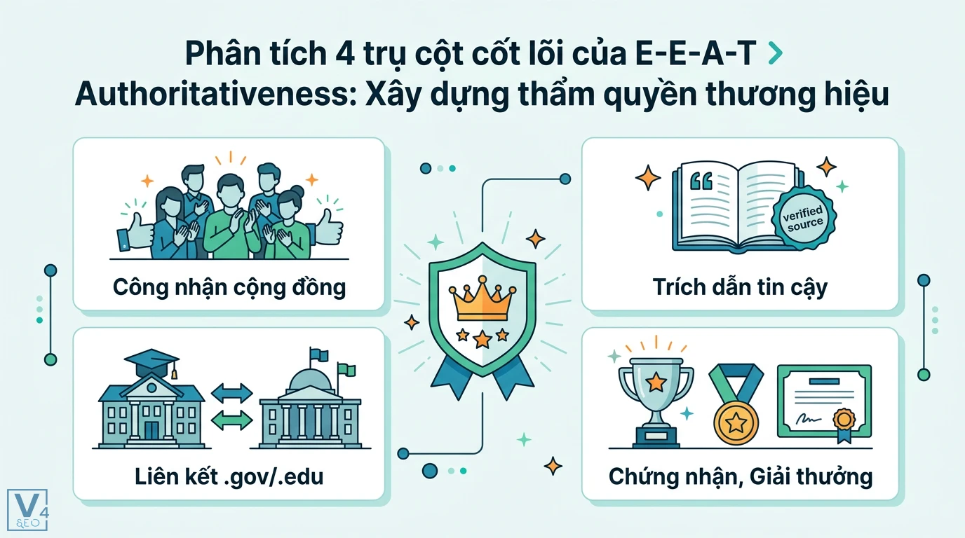 Tạo nội dung với yếu tố E-A-T chuẩn E-E-A-T 2026 từ trải nghiệm 2 Authoritativeness trong E-E-A-T thể hiện qua công nhận cộng đồng, trích dẫn tin cậy, liên kết website .gov .edu và chứng nhận giải thưởng uy tín