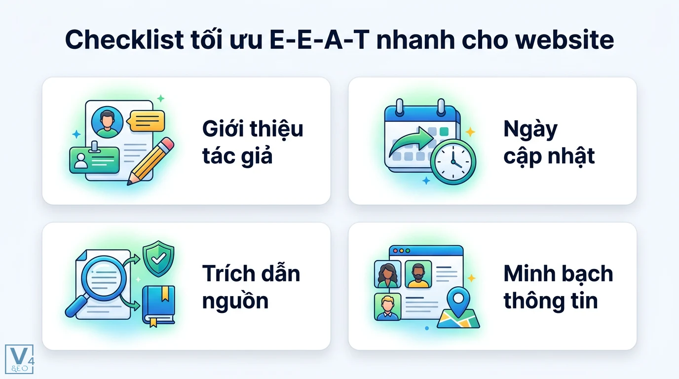 Tạo nội dung với yếu tố E-A-T chuẩn E-E-A-T 2026 từ trải nghiệm 3 Checklist tối ưu E-E-A-T nhanh cho website gồm giới thiệu tác giả, ngày cập nhật nội dung, trích dẫn nguồn uy tín và minh bạch thông tin liên hệ