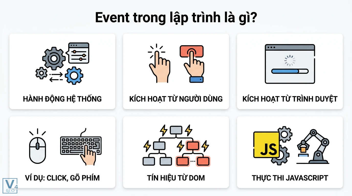 Tham số event là gì? Hiểu rõ Event Object trong JavaScript DOM 1 Event trong lập trình gồm hành động hệ thống, kích hoạt từ người dùng, trình duyệt như click, gõ phím và tín hiệu DOM để thực thi JavaScript