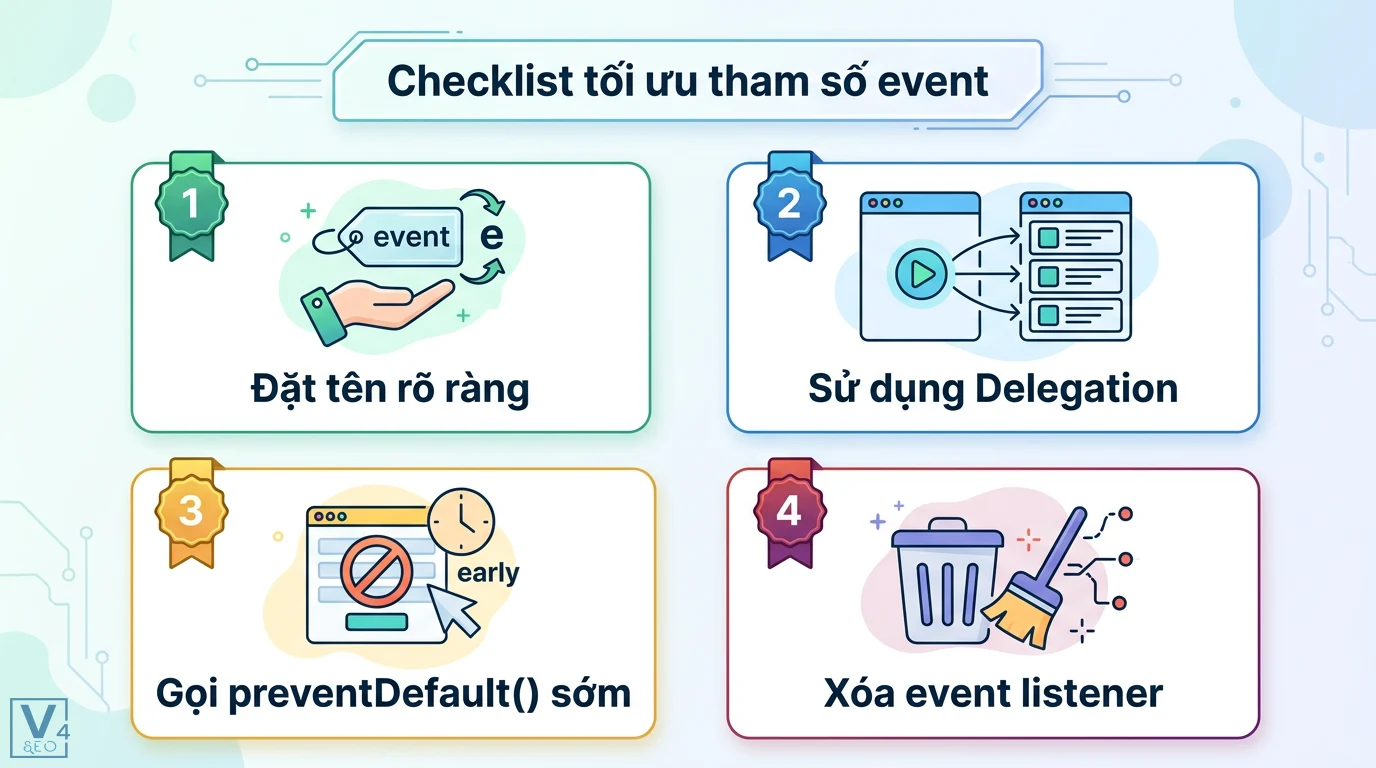 Tham số event là gì? Hiểu rõ Event Object trong JavaScript DOM 3 Checklist tối ưu tham số event gồm đặt tên rõ ràng, sử dụng event delegation, gọi preventDefault sớm và xóa event listener để tăng hiệu suất web