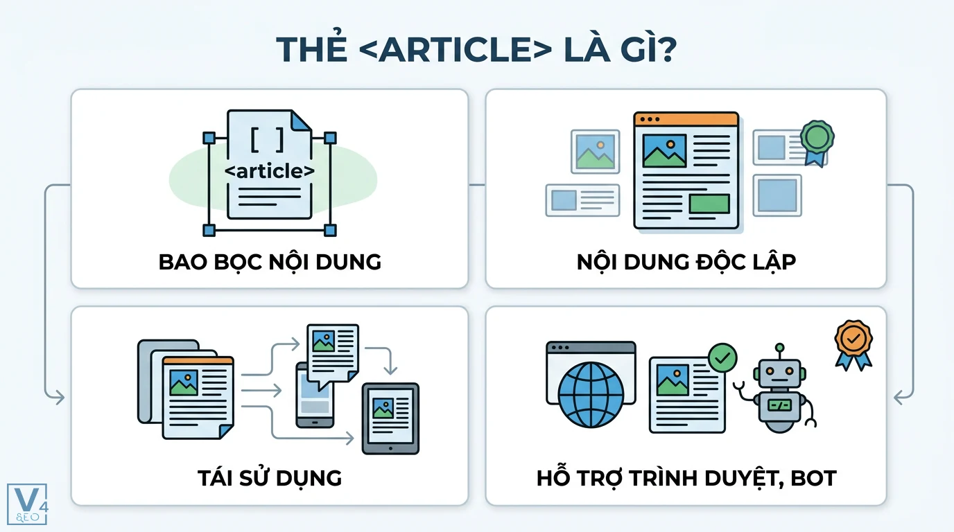 Thẻ <article> là gì? Cách dùng chuẩn SEO, phân biệt với section 1 Thẻ article trong HTML5 bao bọc nội dung độc lập hỗ trợ tái sử dụng và giúp trình duyệt cùng bot tìm kiếm nhận diện thực thể thông tin