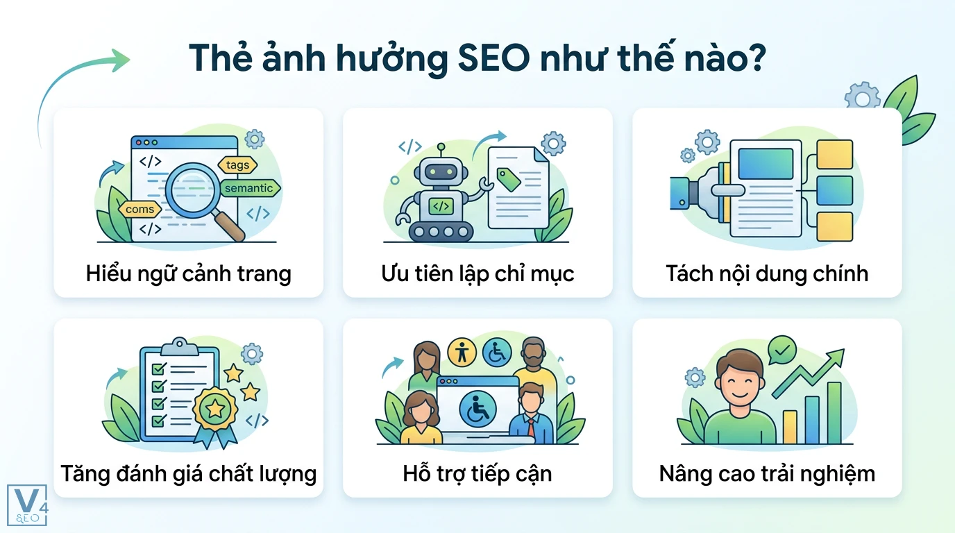 Thẻ <article> là gì? Cách dùng chuẩn SEO, phân biệt với section 2 Lợi ích thẻ ngữ nghĩa giúp bot hiểu ngữ cảnh trang, lập chỉ mục, tách nội dung chính, hỗ trợ tiếp cận và nâng cao trải nghiệm người dùng