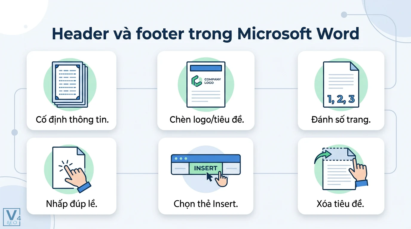 Thẻ header/footer là gì? Cách dùng trong Word và thiết kế Website 1 Header và footer trong Microsoft Word giúp cố định thông tin, chèn logo, đánh số trang qua thẻ Insert, nhấp đúp lề để chỉnh sửa và xóa nhanh