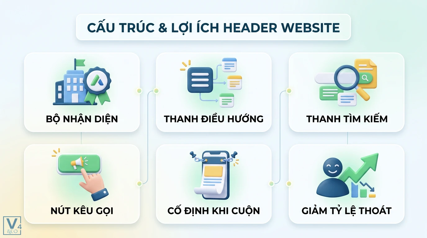 Thẻ header/footer là gì? Cách dùng trong Word và thiết kế Website 2 Cấu trúc và lợi ích thẻ header website gồm bộ nhận diện, thanh điều hướng, thanh tìm kiếm, nút kêu gọi, cố định khi cuộn, giảm tỷ lệ thoát