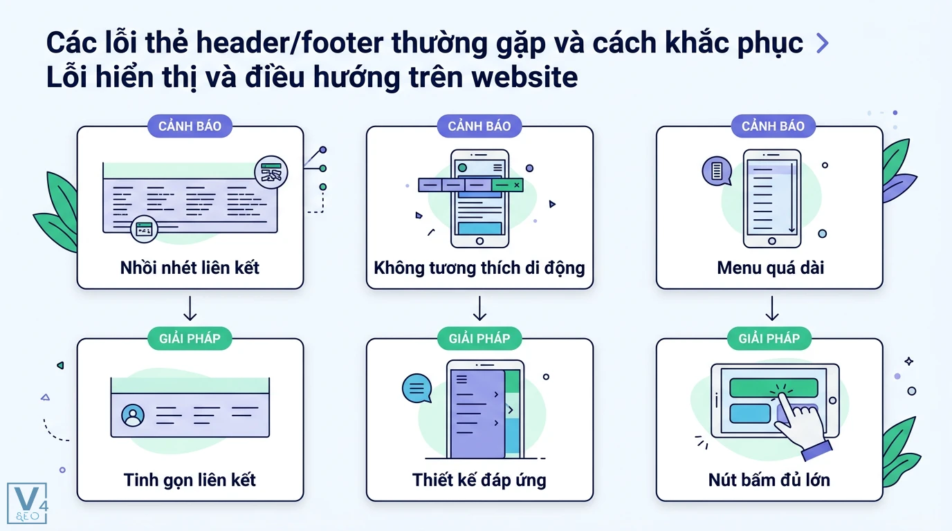 Thẻ header/footer là gì? Cách dùng trong Word và thiết kế Website 3 Lỗi hiển thị điều hướng website và cách khắc phục qua thiết kế đáp ứng, tinh gọn liên kết footer và tối ưu kích thước nút bấm trên di động