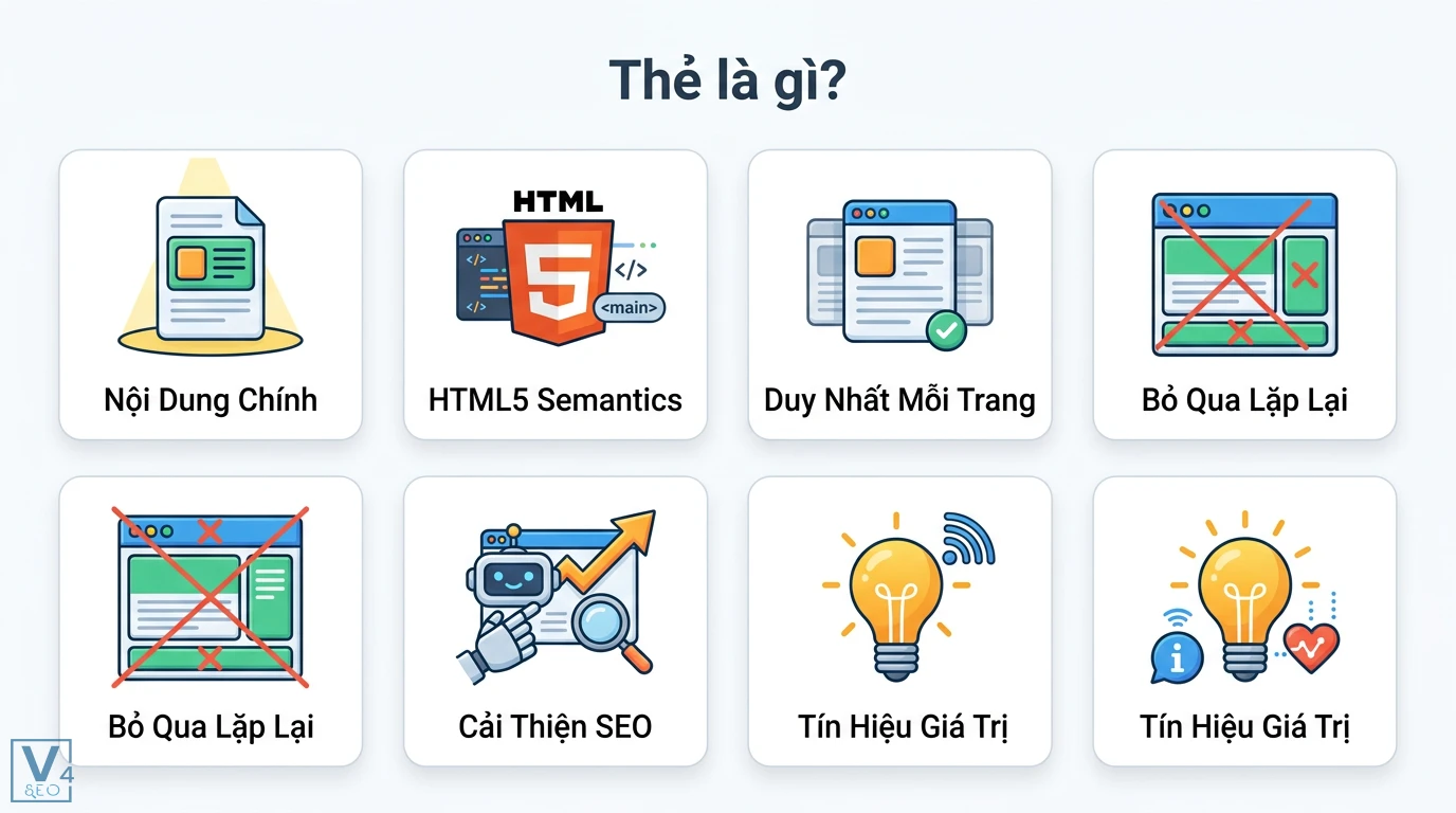 Thẻ <main> là gì? Cách dùng chuẩn Semantic HTML5 và lỗi cần tránh 1 Thẻ main xác định nội dung chính duy nhất trong HTML5 Semantics giúp loại bỏ thành phần lặp lại và gửi tín hiệu giá trị để cải thiện SEO