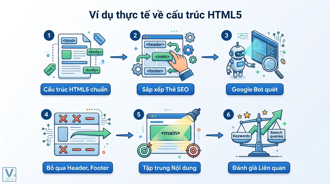 Thẻ <main> là gì? Cách dùng chuẩn Semantic HTML5 và lỗi cần tránh 2 Cấu trúc HTML5 chuẩn giúp Google Bot quét trang bỏ qua Header và Footer để tập trung vào thẻ Main và đánh giá mức độ liên quan của từ khóa
