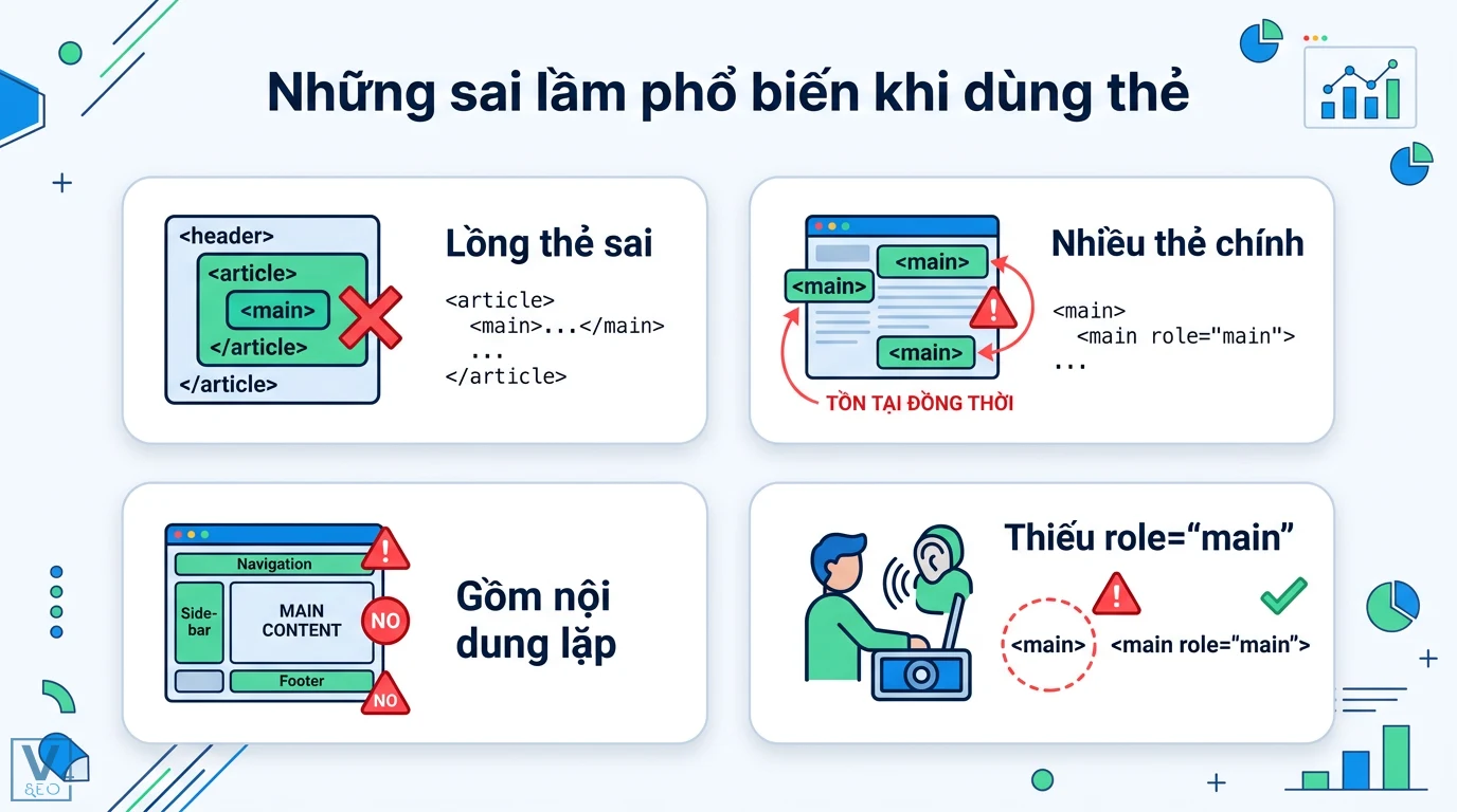 Thẻ <main> là gì? Cách dùng chuẩn Semantic HTML5 và lỗi cần tránh 3 Sai lầm khi dùng thẻ main gồm lồng thẻ sai quy tắc, dùng nhiều thẻ chính đồng thời, chứa nội dung lặp và thiếu role main cho trình duyệt cũ