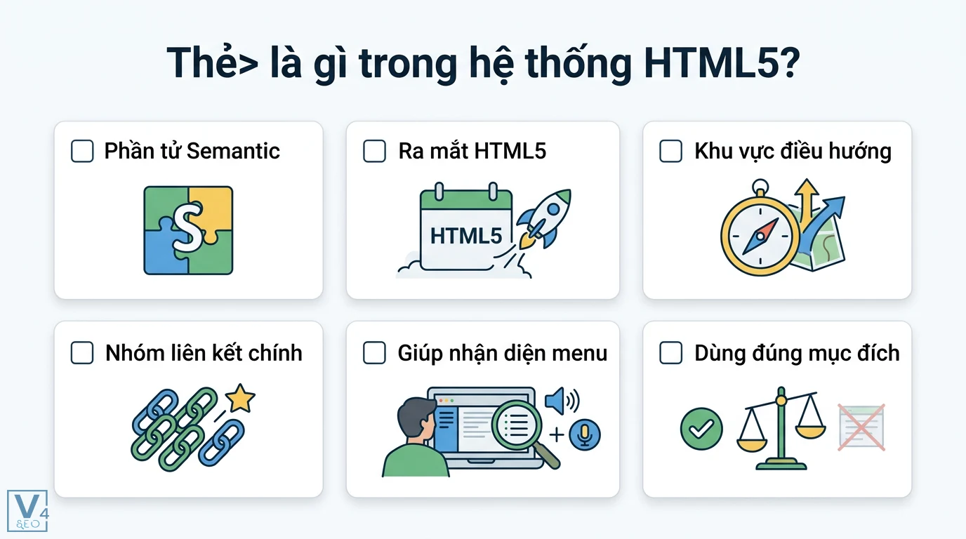 Thẻ <nav> là gì? Cách dùng chuẩn Semantic HTML5 và Accessibility 1 Thẻ nav là phần tử Semantic HTML5 dùng để xác định khu vực điều hướng và nhóm các liên kết chính giúp nhận diện menu website đúng mục đích