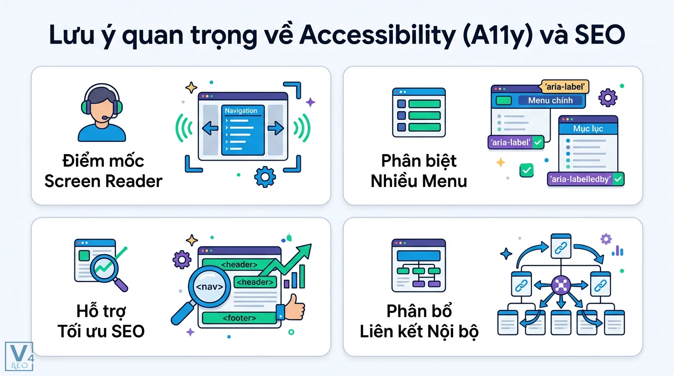 Thẻ <nav> là gì? Cách dùng chuẩn Semantic HTML5 và Accessibility 2 Ứng dụng Semantic HTML và thuộc tính aria-label để tối ưu điểm mốc Screen Reader đồng thời cải thiện SEO qua việc phân bổ liên kết nội bộ