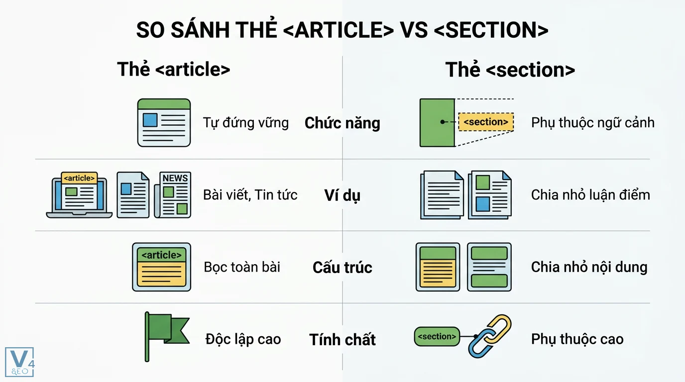 Thẻ <section> là gì? Cách phân biệt với div và article chuẩn W3C 2 So sánh thẻ article và section chuẩn W3C với article là nội dung độc lập tự đứng vững còn section để chia nhỏ luận điểm phụ thuộc ngữ cảnh
