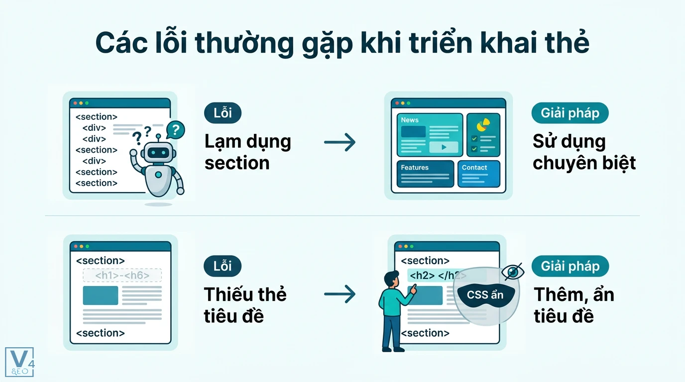 Thẻ <section> là gì? Cách phân biệt với div và article chuẩn W3C 3 Lỗi lạm dụng thẻ section và thiếu thẻ tiêu đề trong HTML5 cùng giải pháp sử dụng thẻ chuyên biệt và CSS ẩn tiêu đề để tối ưu cấu trúc website