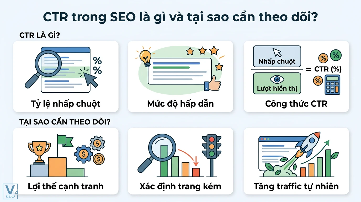 Cách theo dõi tỷ lệ nhấp chuột (CTR) của nội dung SEO chuẩn xác 1 CTR trong SEO là tỷ lệ nhấp chuột trên lượt hiển thị giúp đo lường mức độ hấp dẫn và xác định trang kém hiệu quả để tăng traffic tự nhiên